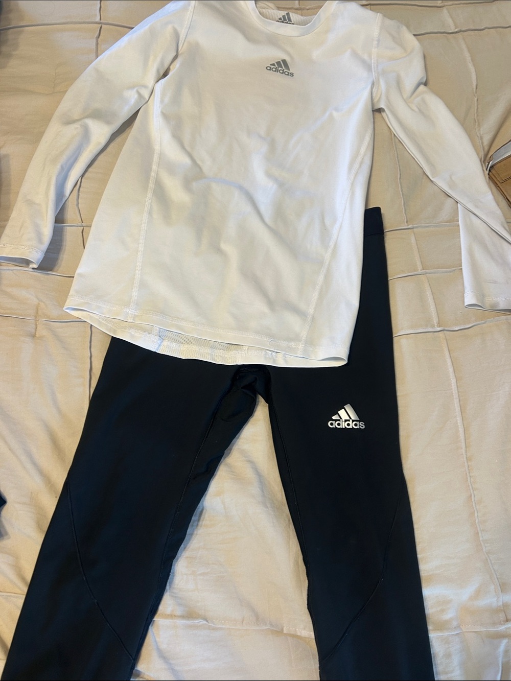 adidas White Long-Sleeve Top with Black Athletic Leggings - Kids